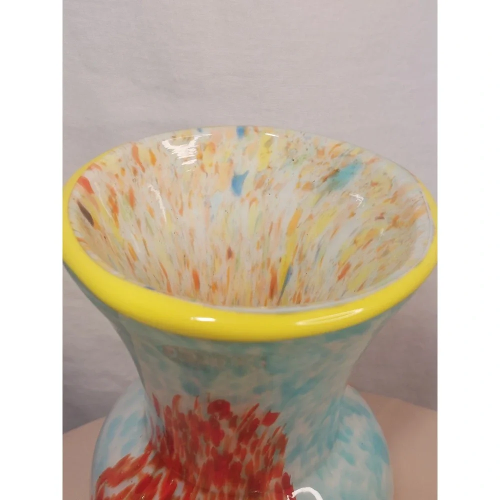 Hand Blown Studio Art Glass Vase Confetti Interior Turquoise Yellow Rim Modern